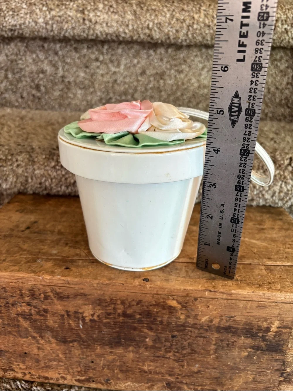 White Ceramic Flower Pot Wristlet with Pink and Cream Floral Accent